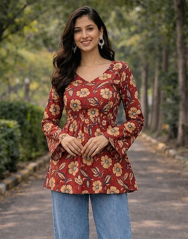 Rust red floral short kurti (S)
