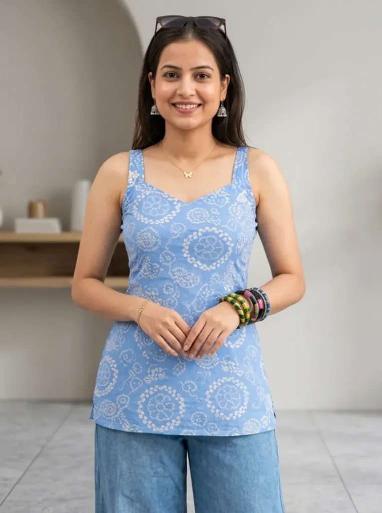 Sky blue jaipuri style sleeveless short kurti (S)