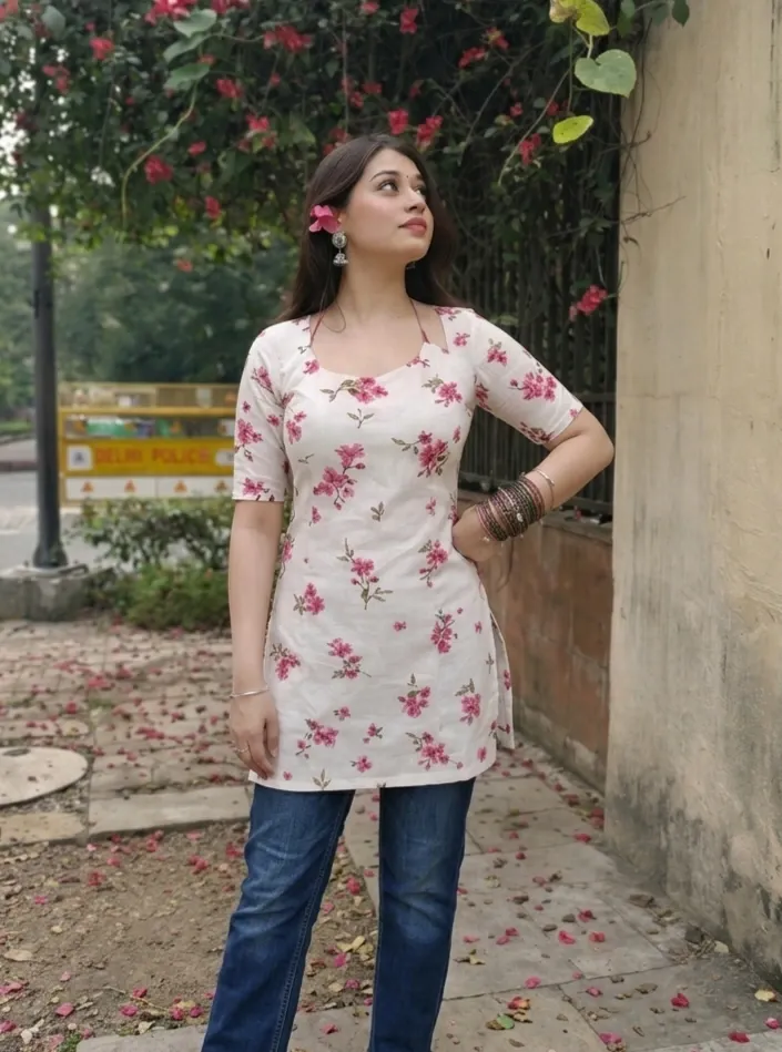 Flower print knotted neck short kurti
